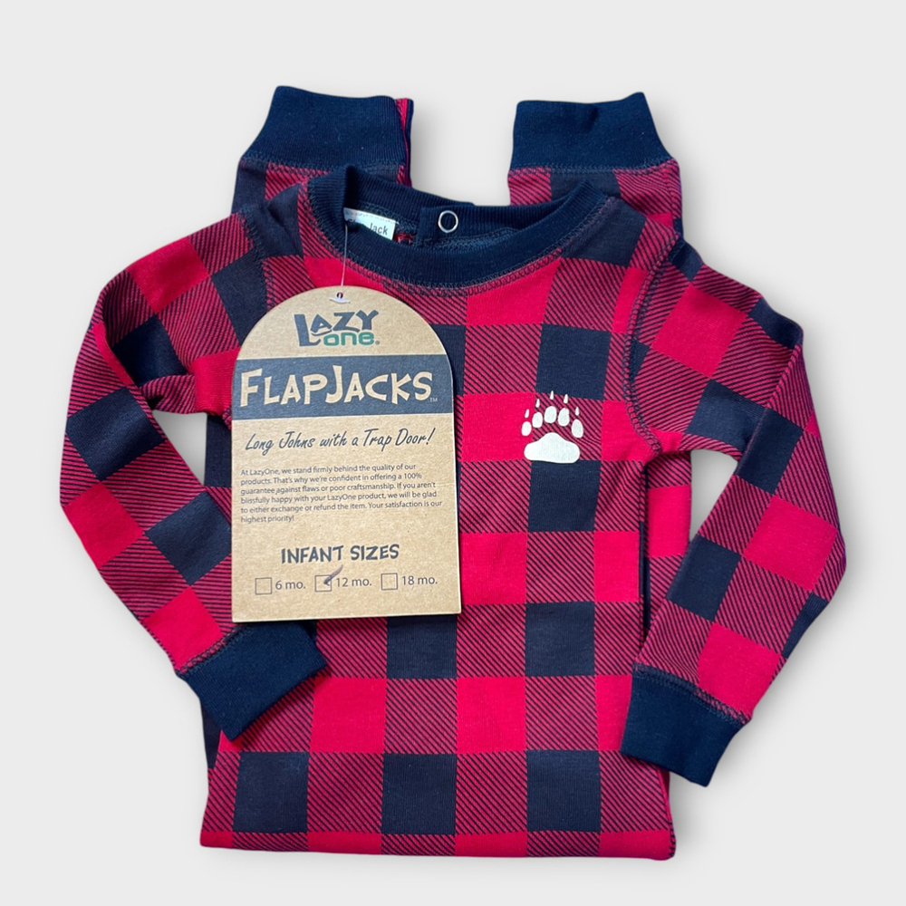 Host pick! New Lazy One Infant Plaid Pajamas Bear Cheeks Flapjacks one piece 12M